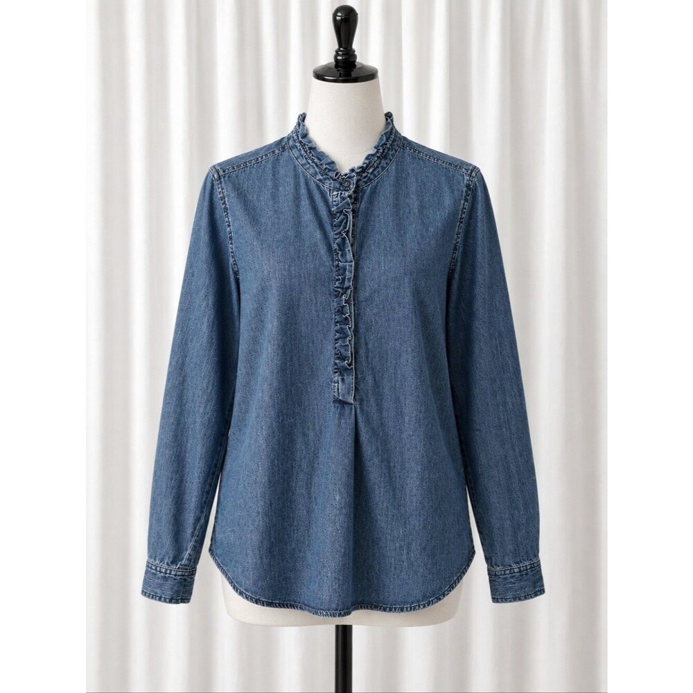 GAP Denim Ruffle Trim Popover Dark Indigo Wash Long Sleeve Vintage Style Blouse
